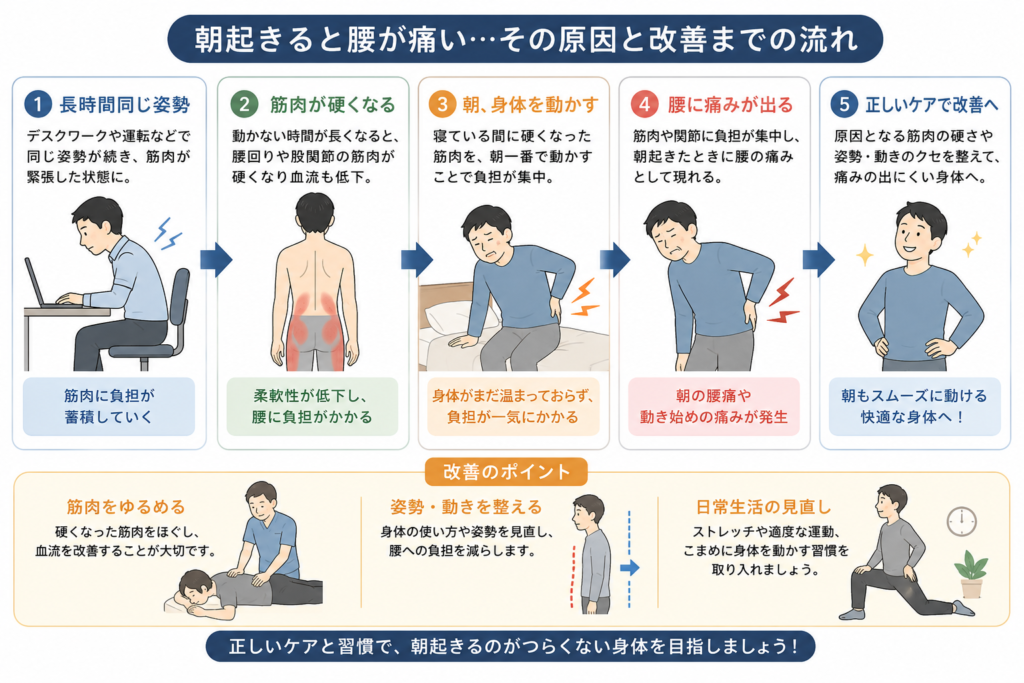 朝の腰痛が起こる流れと、改善のポイント